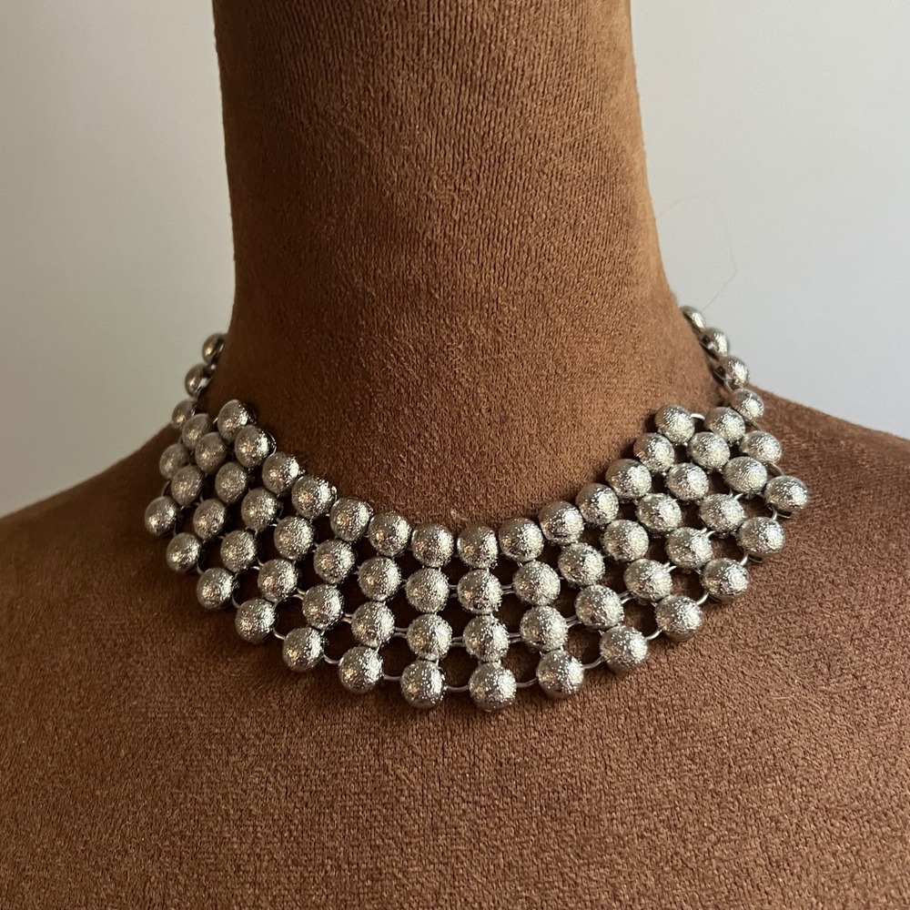 Amrita Singh Silver Textured Bead Bib Statement Choker Necklace 17" Maximalist